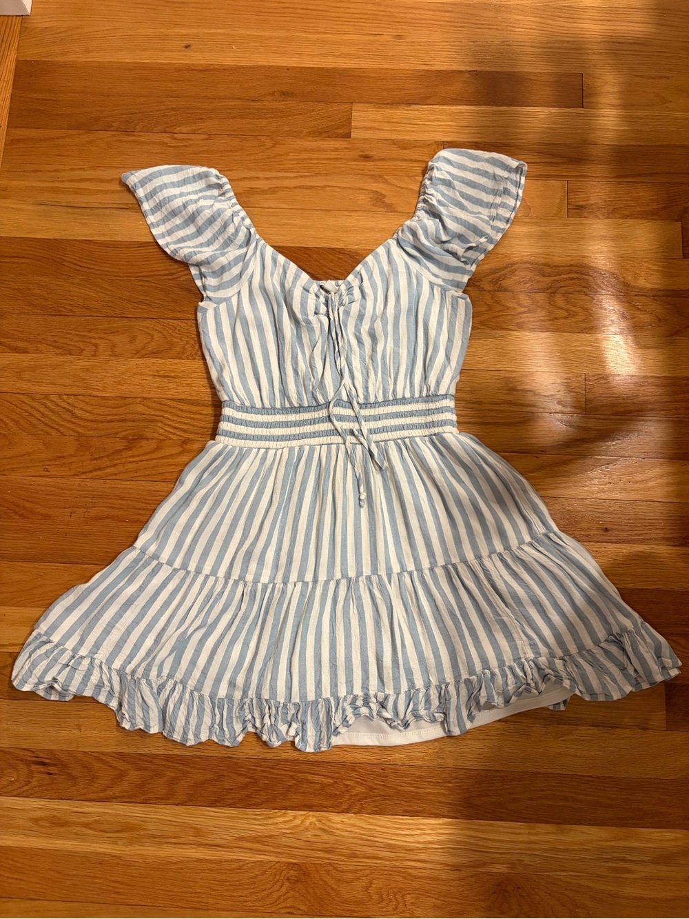 American Eagle Outfitters Blue and White Striped Ruffle-Sleeve Dress
